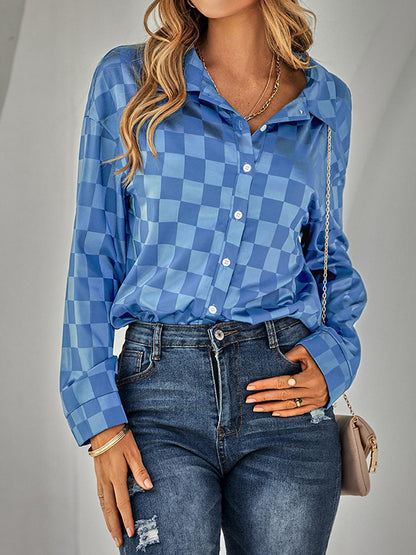 flowersverse Buttoned Plaid Long Sleeves Loose Lapel Blouses&shirts Tops