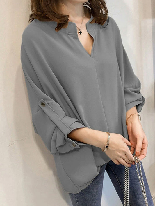 flowersverse Casual Long Sleeves Loose Solid Color V-Neck Blouses&Shirts Tops