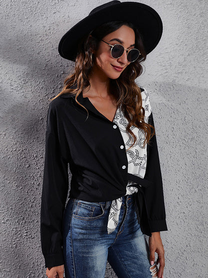 flowersverse Casual Loose Long Sleeves Buttoned Contrast Color Lapel Collar Blouses&Shirts Tops