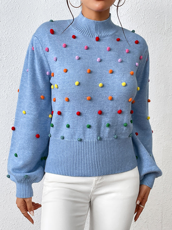 flowersverse Pompom Triming Long Sleeves Loose Round-Neck Sweater Tops Pullovers Knitwear