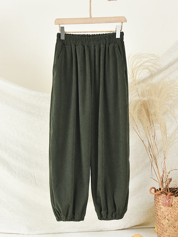 flowersverse Loose Solid Color Corduroy Casual Ninth Pants Bottoms