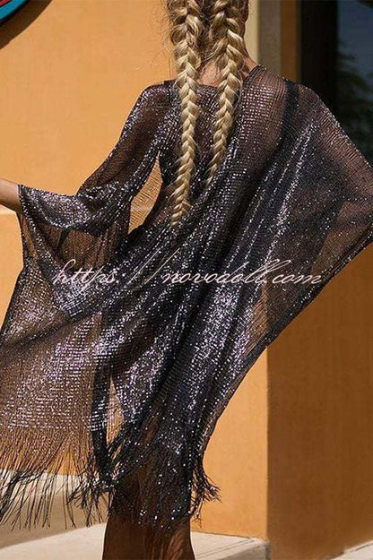 flowersverse Shawl Gold and Silver Ribbon Sleeve Slit Cover-ups