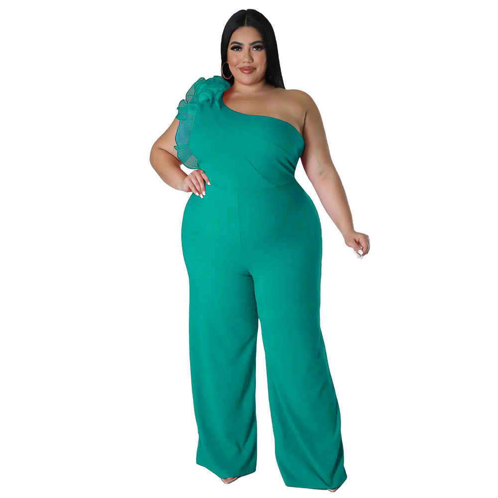 flowersverse Plus Size Ladies One Shoulder Mesh Wide Leg Pants