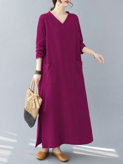 flowersverse Pockets Solid Color Split-Side A-Line Long Sleeves V-Neck Maxi Dresses