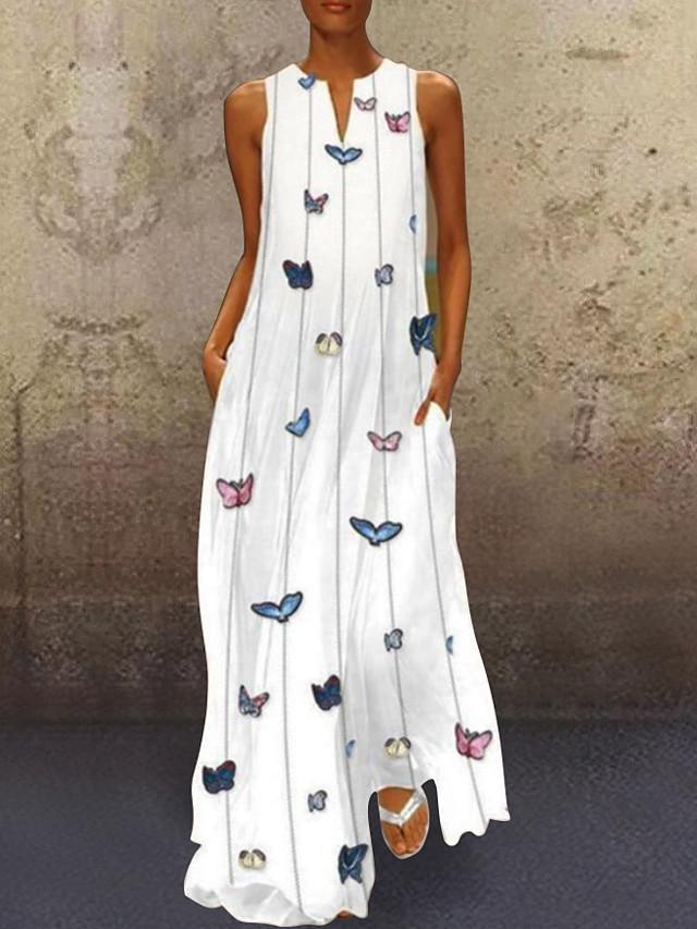 flowersverse Women's A-Line Dress Maxi Long Dress - Sleeveless Butterfly Animal Print Summer V Neck Hot Casual Holiday Beach Vacation Dresses White Yellow Blushing Pink Light Blue White Dresses