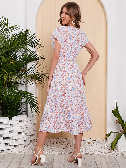 flowersverse Chiffon Printed One Sleeve Large Swing Holiday Beach Dress