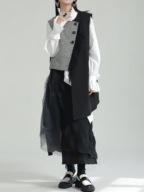 flowersverse Asymmetric Buttoned Houndstooth Ruffle Sleeves Sleeveless Vest Outerwear