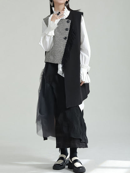 flowersverse Asymmetric Buttoned Houndstooth Ruffle Sleeves Sleeveless Vest Outerwear