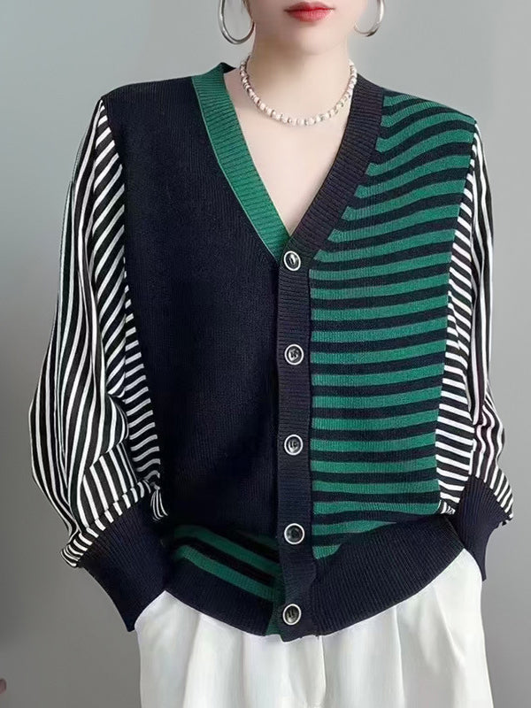 flowersverse Buttoned Contrast Color Split-Joint Striped Long Sleeves Loose V-Neck Knitwear Cardigan Tops