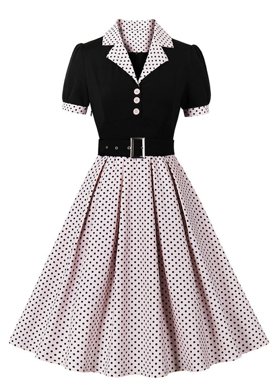 flowersverse Women Polka Dot Turndown Collar Short Sleeve Belt Dress