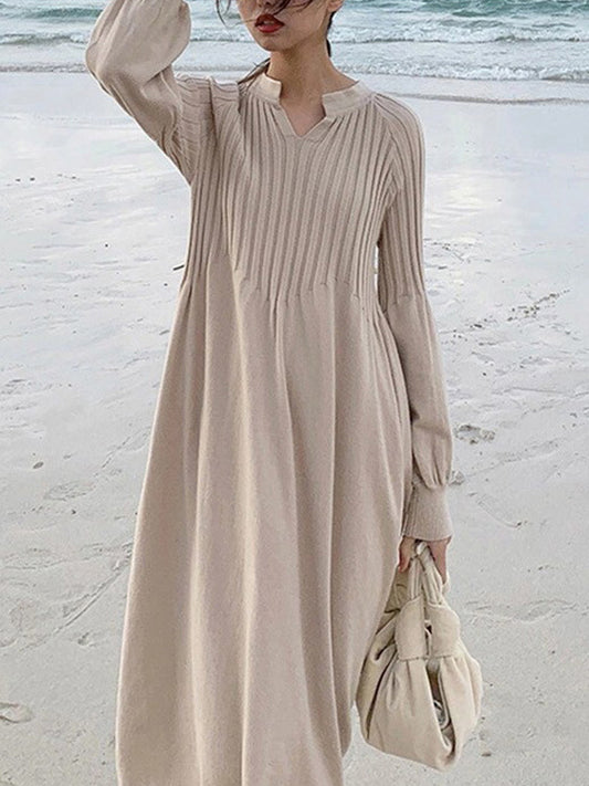 flowersverse Causal Loose Solid Color Pleated V-Neck Long Puff Sleeves Sweater Dress