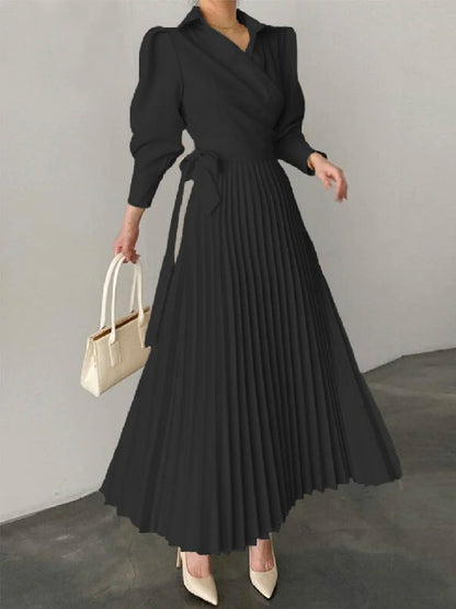 flowersverse Office Pleated Asymmetric Solid Color Lapel Maxi Dresses