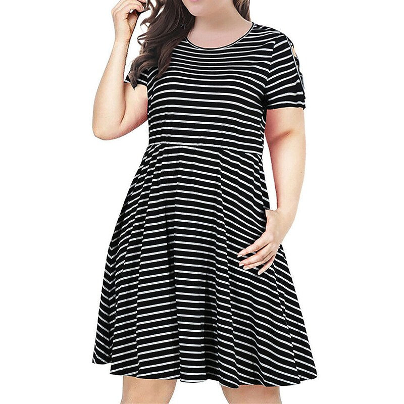 flowersverse Women's Plus Size Casual Dress A Line Dress Stripe Midi Dress Short Sleeve Pocket Crew Neck Fashion Daily White Red Spring Summer XL XXL 3XL 4XL 5XL