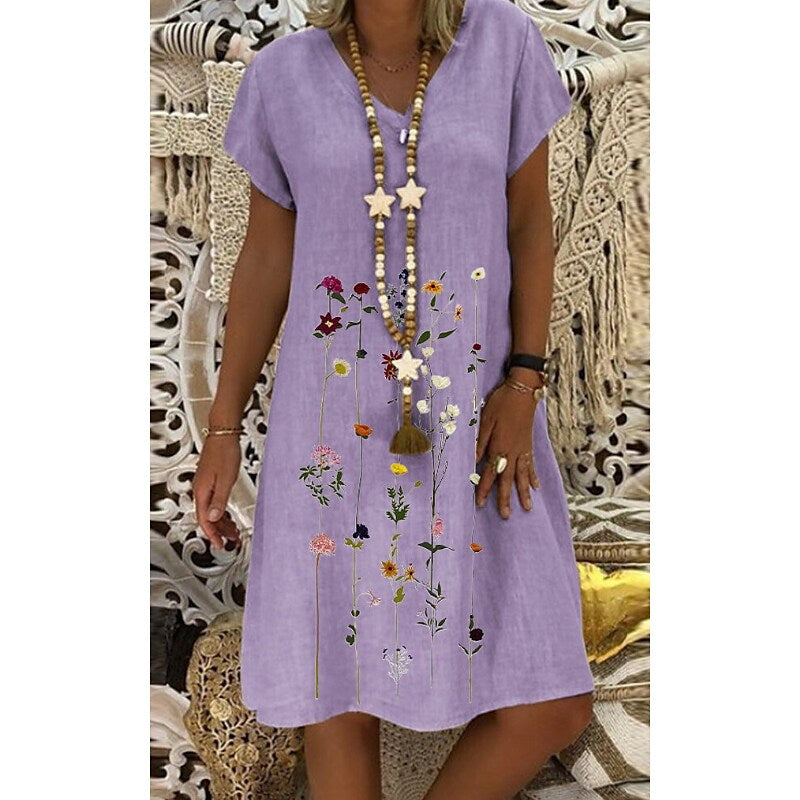 flowersverse Women's Casual Dress Shift Dress Midi Dress White Light Green Purple Short Sleeve Floral Print Spring Summer V Neck Casual  S M L XL XXL 3XL 4XL 5XL