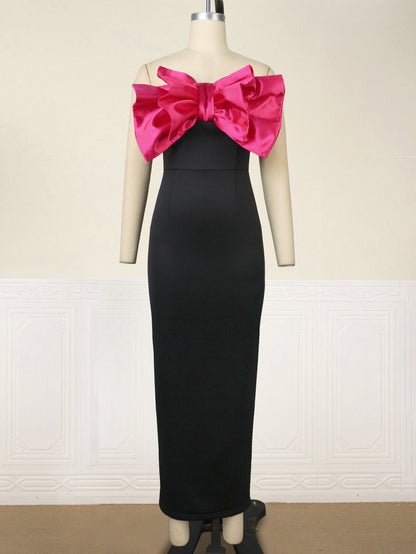 flowersverse Contrast Bow Dress Sexy Strapless Sleeveless Formal Party Evening Dress