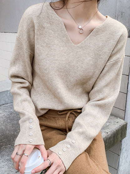 flowersverse Casual Loose Long Sleeves Solid Color V-Neck Sweater Tops