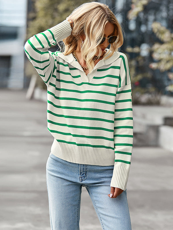 flowersverse Casual Loose Striped Polo Sweater Top