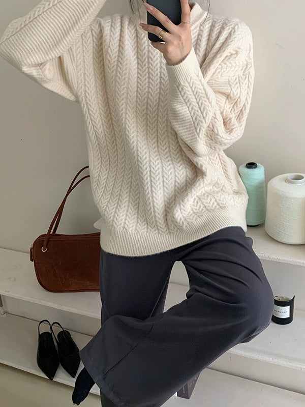 flowersverse Solid Color Velvet Long Sleeves Loose Round-Neck Sweater Tops Pullovers Knitwear