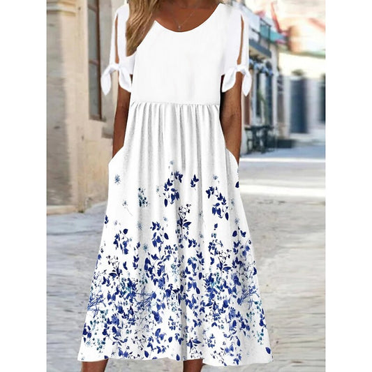 flowersverse Women's Casual Dress Summer Dress Print Dress Graphic Floral Ruched Pocket Crew Neck Midi Dress Fashion Classic Outdoor Daily Short Sleeve Loose Fit White Spring Summer S M L XL XXL