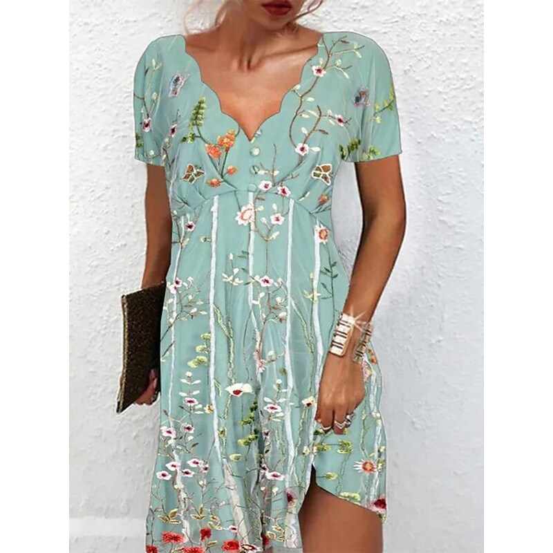 flowersverse Women's Casual Dress Summer Dress Print Dress Floral Print Scalloped Neck Mini Dress Fashion Modern Outdoor Daily Short Sleeve Regular Fit Green Spring Summer S M L XL XXL