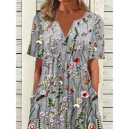 flowersverse Women's Casual Dress Summer Dress Print Dress Floral Pocket Print V Neck Midi Dress Active Fashion Outdoor Daily Short Sleeve Loose Fit Gray Spring Summer S M L XL XXL
