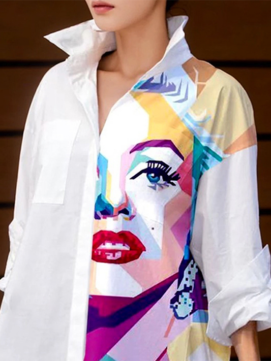 flowersverse Buttoned Contrast Color Figure Split-side Long Sleeves Loose Lapel Collar Blouses&shirts Tops