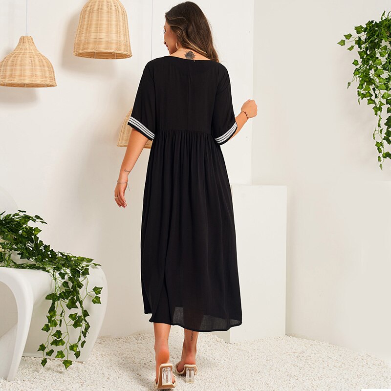 flowersverse Bohemian Style Cotton And Linen Tassel Round Neck Stitching Middle Sleeve Black Long A-line Dress