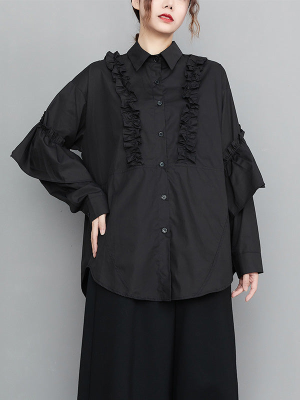 flowersverse Casual Loose Long Sleeves Buttoned Ruffled Solid Color Lapel Collar Blouses&Shirts Tops