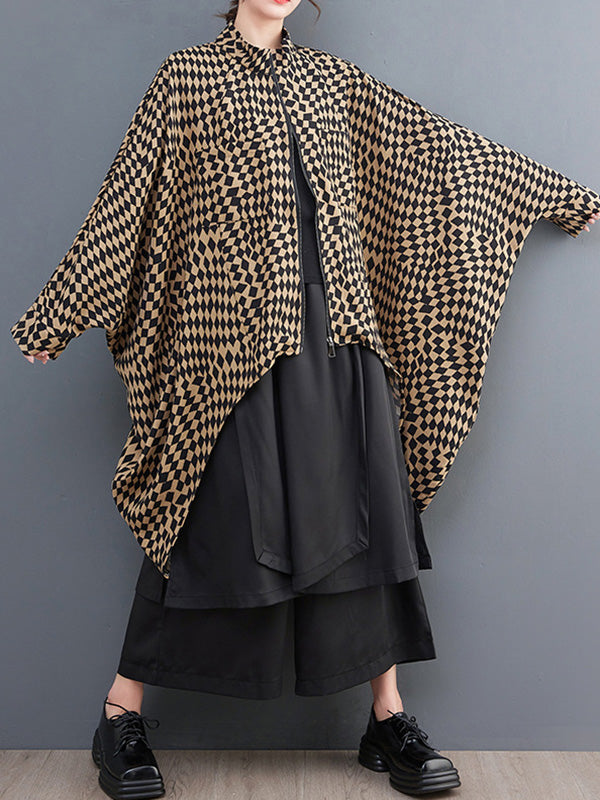 flowersverse High-Low Loose Plaid Zipper Stand Collar Outerwear