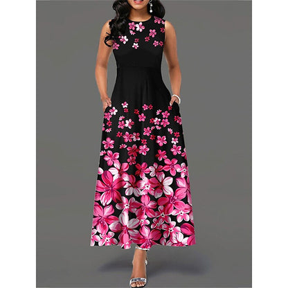 flowersverse Women's Work Dress Black Dress Semi Formal Dress Fashion Maxi Dress Pocket Print Crew Neck Sleeveless Floral Color Block Regular Fit Black White Yellow Spring Summer S M L XL XXL