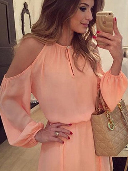 flowersverse Chiffon Off Shoulder Sling Long Sleeve Casual Solid Dress