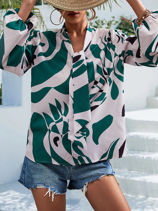 flowersverse Elasticity Printed Tied Bishop Sleeve Long Sleeves V-Neck Blouses&Shirts Tops