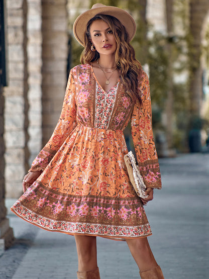 flowersverse Bohemian Chic Floral Print V-Neck Long Sleeve Dress