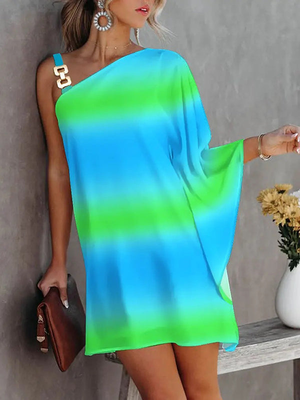 flowersverse Batwing Sleeves Hollow Printed One-Shoulder Mini Dresses