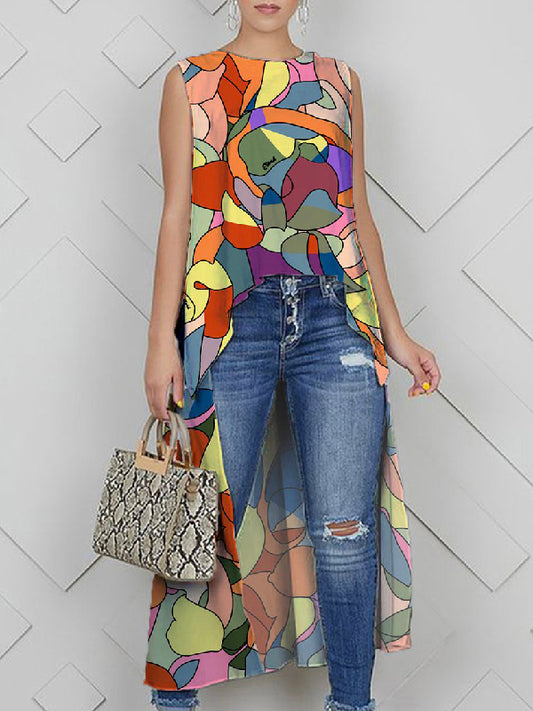 flowersverse High-Low Loose Multi-Colored Round-Neck Vest Top