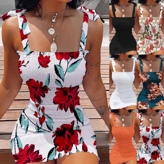 flowersverse Floral Print Off-neck Tube Top Polyester Fiber Cinched Waist Tight Dress