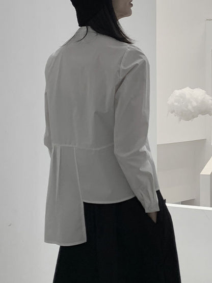 flowersverse Asymmetric Buttoned Pleated Solid Color Long Sleeves Round-Neck Blouses&Shirts Tops