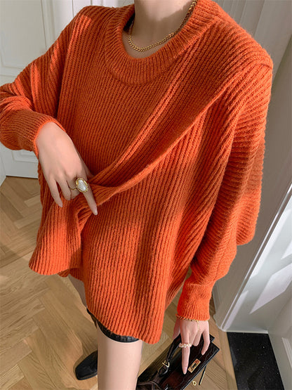 flowersverse Irregularity Loose Solid Color Batwing Sleeves Round-Neck Sweater Tops