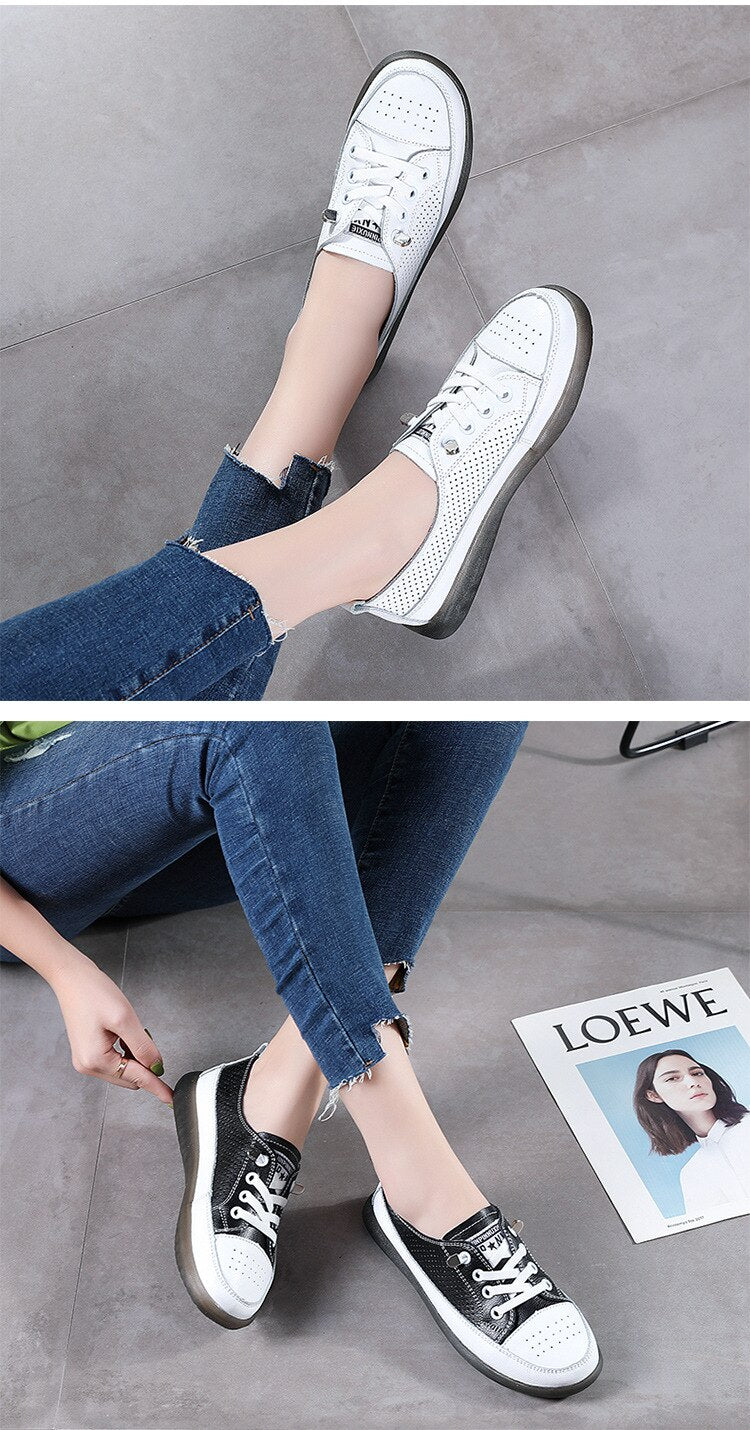 flowersverse Women's Leather Sneakers Women Casual Fashionable Sports Shoes Vulcanized Woman Summer Flat Shoe Ladies White Lacing 40