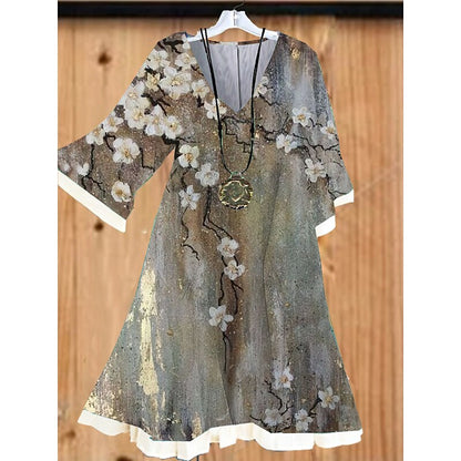 flowersverse Women's Plus Size Casual Dress A Line Dress Floral Mini Dress Half Sleeve Print V Neck Fashion Outdoor Khaki Spring Summer L XL XXL 3XL 4XL