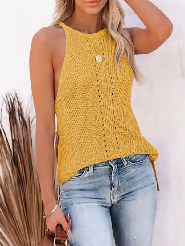 flowersverse Hollow Solid Color Loose Sleeveless Spaghetti-Neck Vest Top