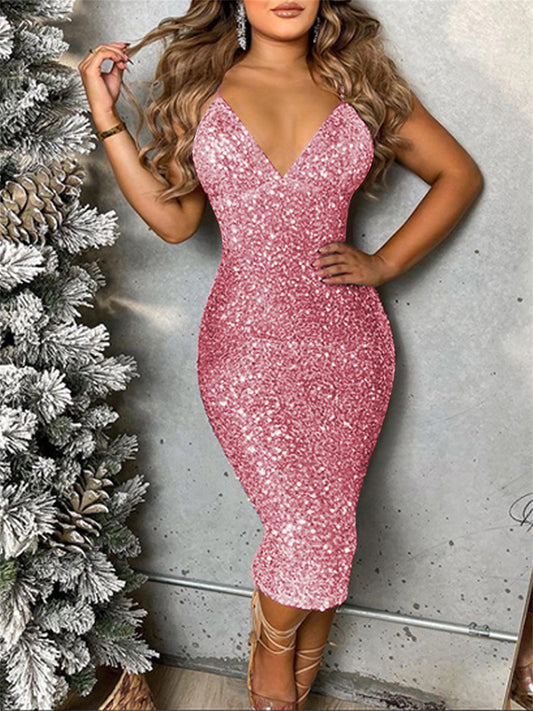 flowersverse Spaghetti Strap Sequin Bodycon Midi Dresses