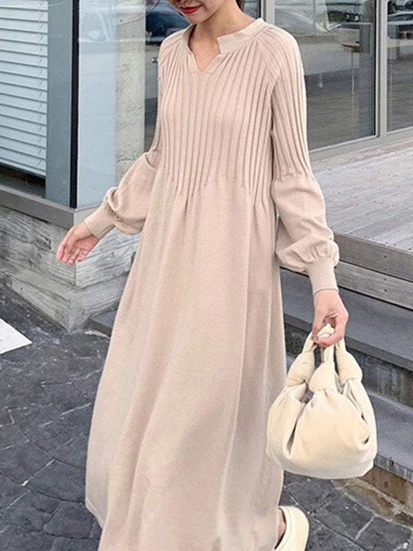 flowersverse Causal Loose Solid Color Pleated V-Neck Long Puff Sleeves Sweater Dress