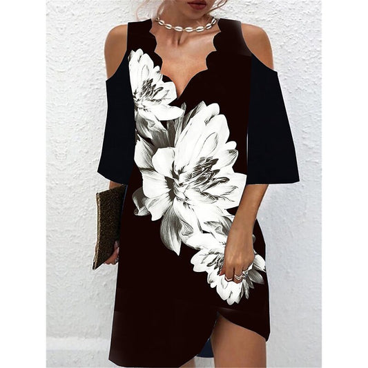 flowersverse Women's Casual Dress Shift Dress Print Dress Floral Cut Out Print Scalloped Neck Mini Dress Active Fashion Outdoor Daily Half Sleeve Regular Fit Black Spring Summer S M L XL XXL