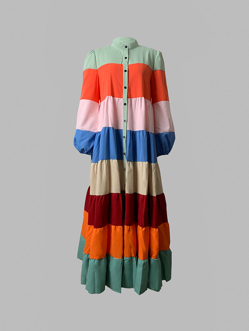 flowersverse Long Sleeves Loose Buttoned Contrast Color Striped Stand Collar Maxi Dresses Outerwear