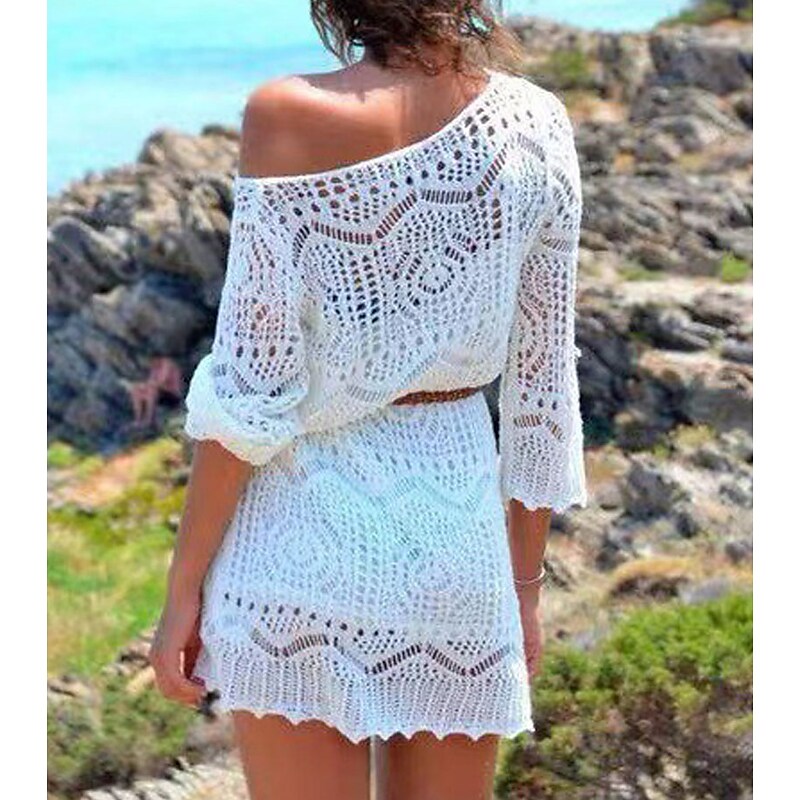 flowersverse Women's Swimwear Cover Up Beach Dress Normal Swimsuit UV Protection Lace Knit Hole Pure Color White Black V Wire Bathing Suits New Stylish Vacation / Sexy