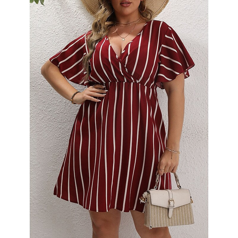 flowersverse Women's Plus Size Casual Dress A Line Dress Stripe Mini Dress Short Sleeve Print V Neck Fashion Outdoor ArmyGreen Black Spring Summer L XL XXL 3XL 4XL