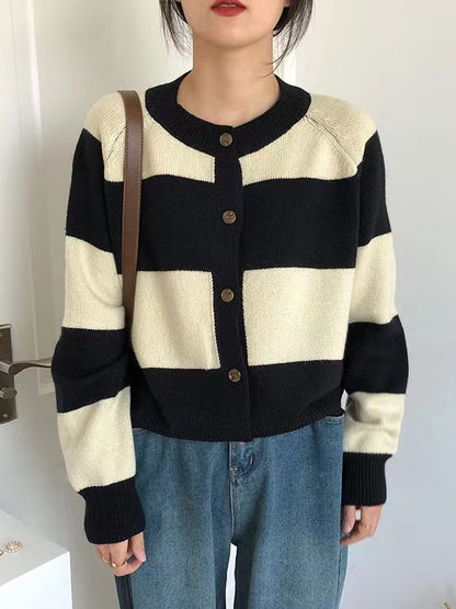 flowersverse Casual Buttoned Contrast Color Striped Cardigan Tops