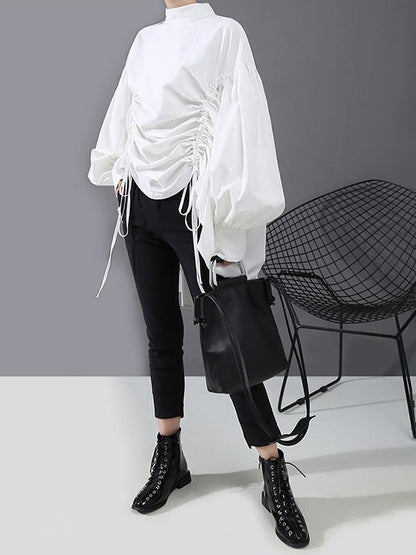 flowersverse Drawstring Cropped Loose Stand Collar Shirt