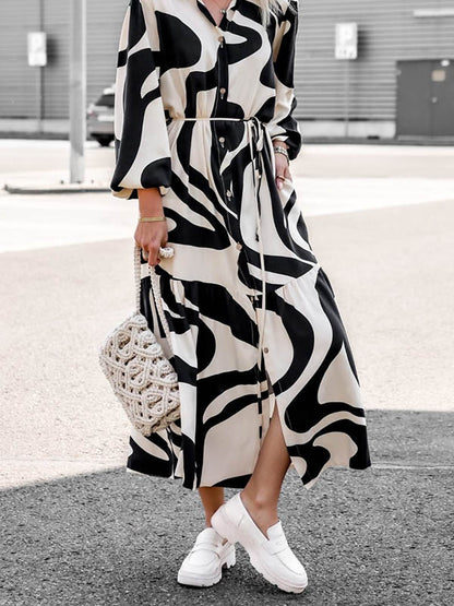 flowersverse Long Sleeves Loose Contrast Color Pleated Printed Split-Joint Tied Waist Lapel Shirt Dress